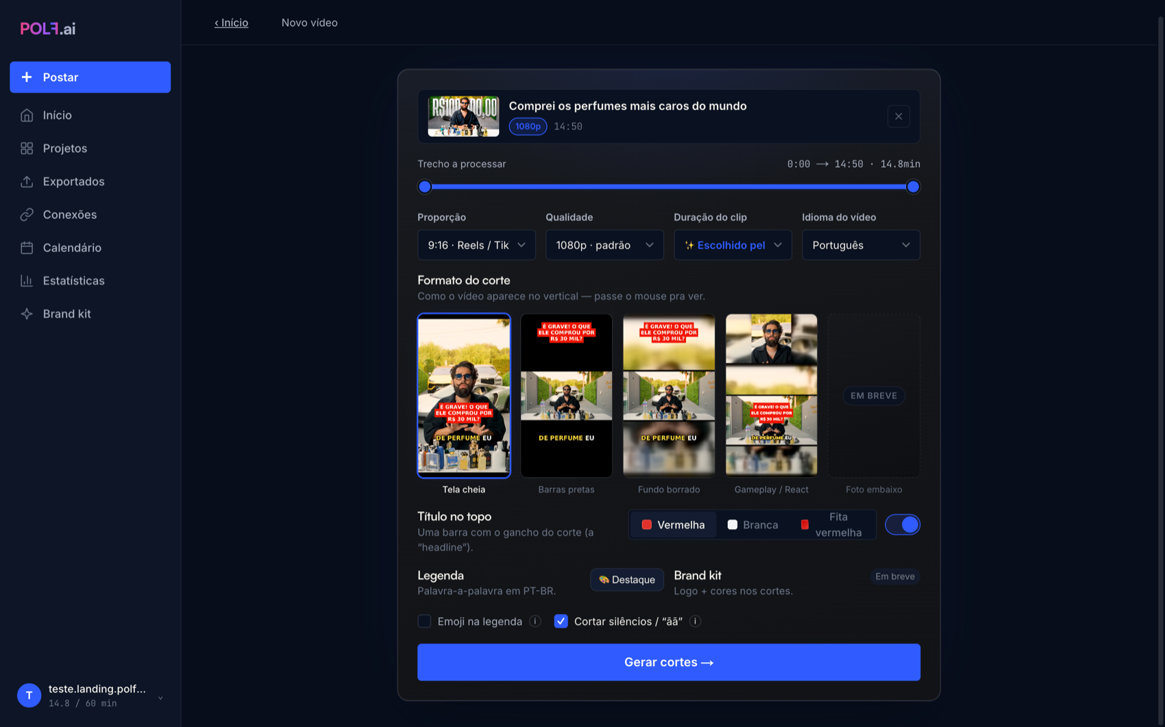 Configuração de formato e legenda na Polf