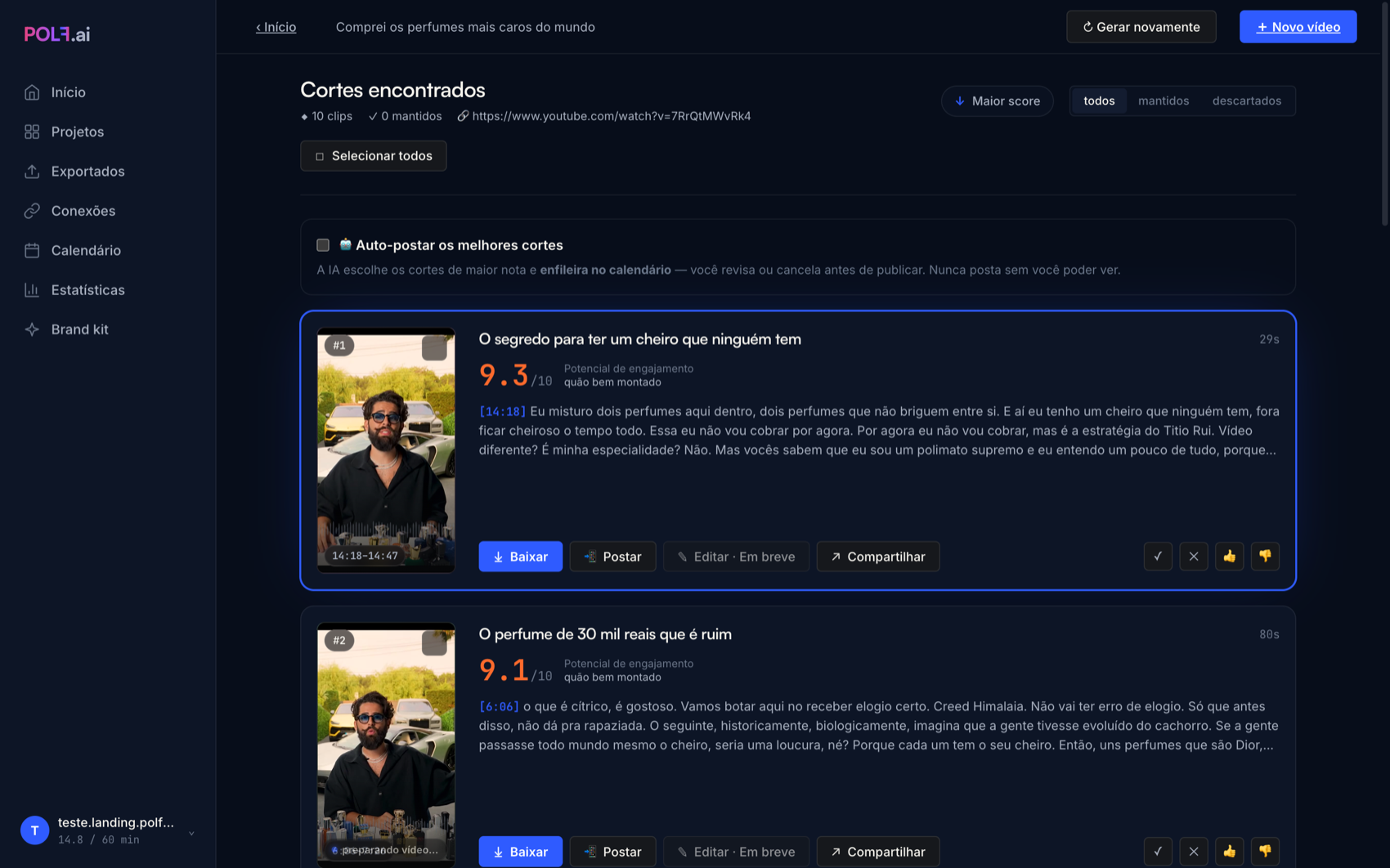 A Polf achou 10 cortes de um vídeo, cada um com nota