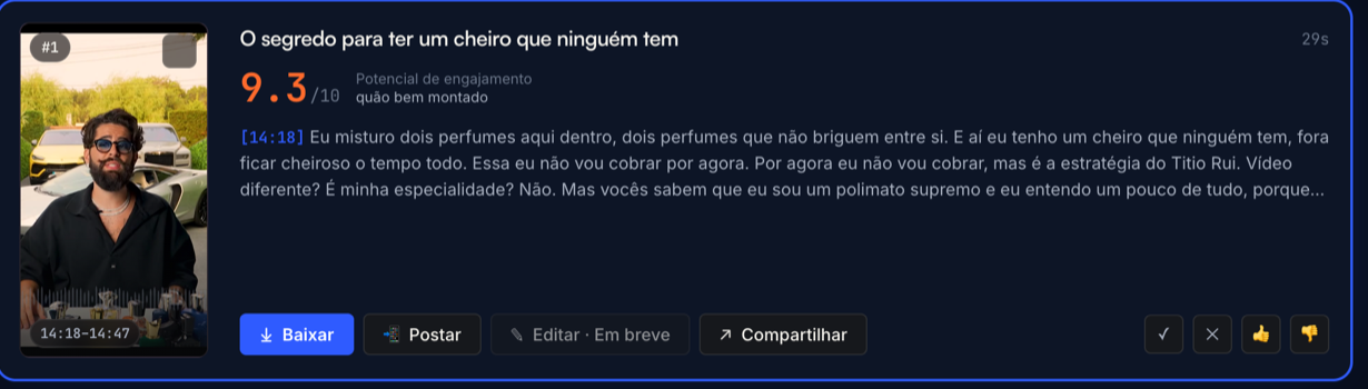 Corte real com nota 9.3 de 10 e o trecho da transcrição